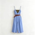 thumbnail image 6 of Women's Vacation Capri Jumpsuits Spaghetti Strap Wide Leg Linen Rompers Deep V Neck Sleeveless Cropped Jumper Light Blue, M, 6 of 7