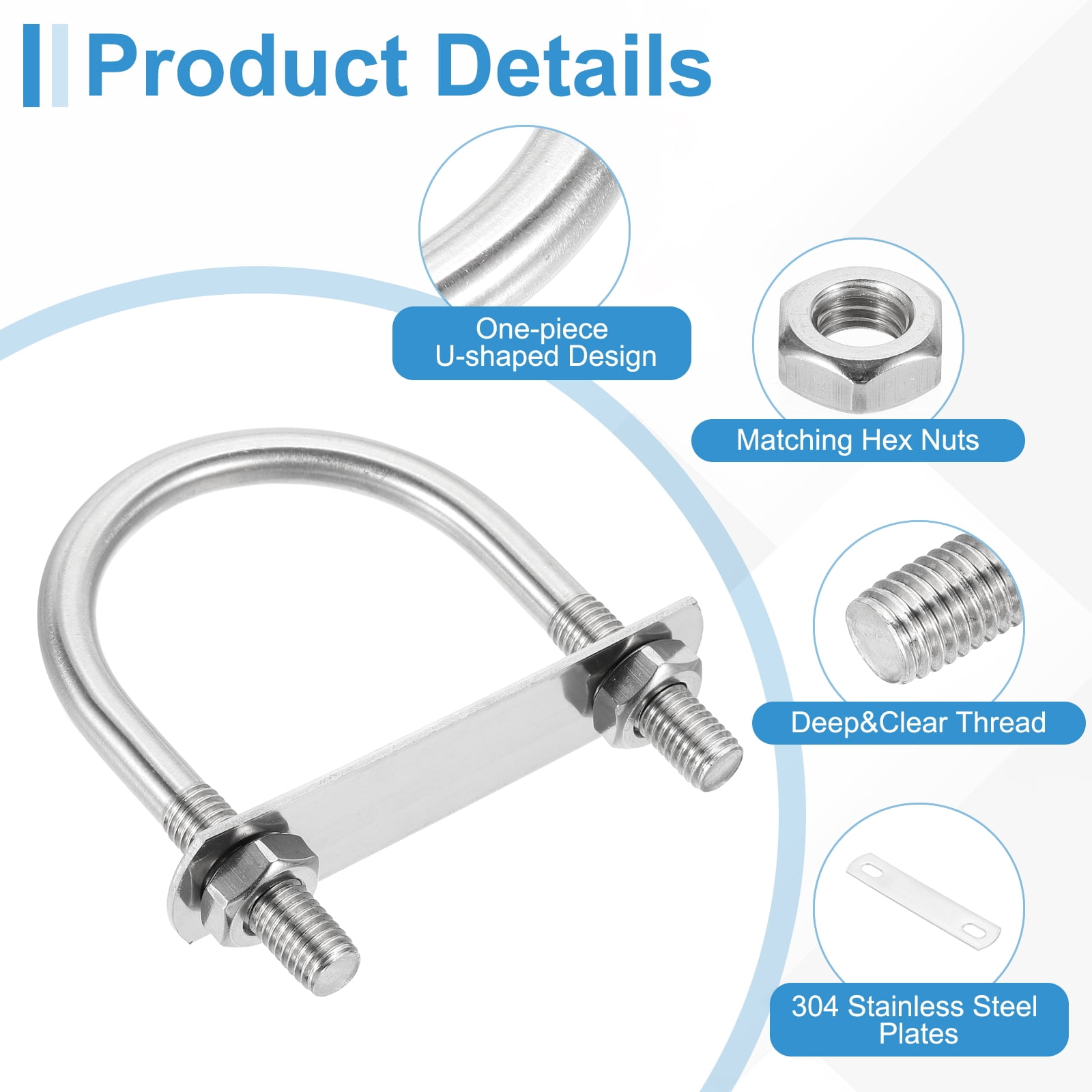 4 Sets M10 Round U-Bolts 36mm Inner Width 95mm Length U-Clamp Bolt