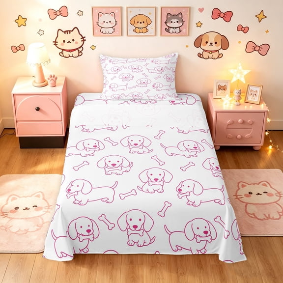Manfei Kawaii Dachshund Twin Sheets, Simple Bone Print Bedding, White Magenta, 3-Piece, 1 Flat Sheet, 1 Fitted Sheet and 1 Pillowcase