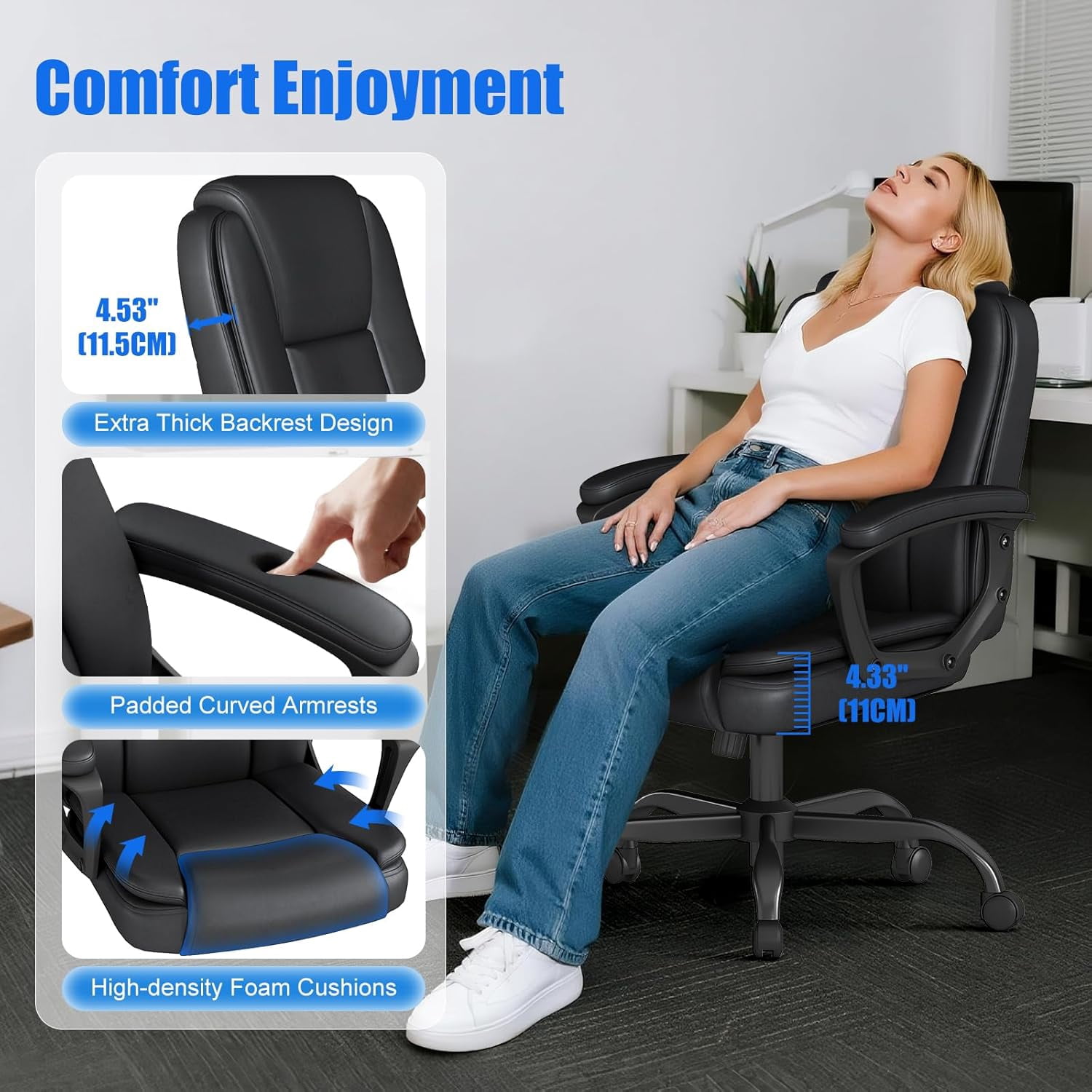 Ergonomic Mid-Back Gaming & Office Chair with Adjustable Height – PU Leather, Black with Blue Accents, Lumbar Support, Rolling Swivel Base for Home Office & Gaming