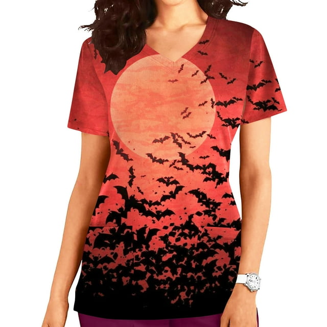 LSLJS Women Tops Manches Courtes Col en V Uniforme de Travail Imprimé avec Poche Blouse, Halloween Tops for Women