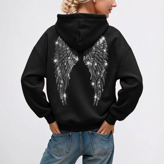Womens Angel Hoodies Black Women's Embroidered Wing Hoodie Minimalist Winter Top Womens Sweatshirt L
