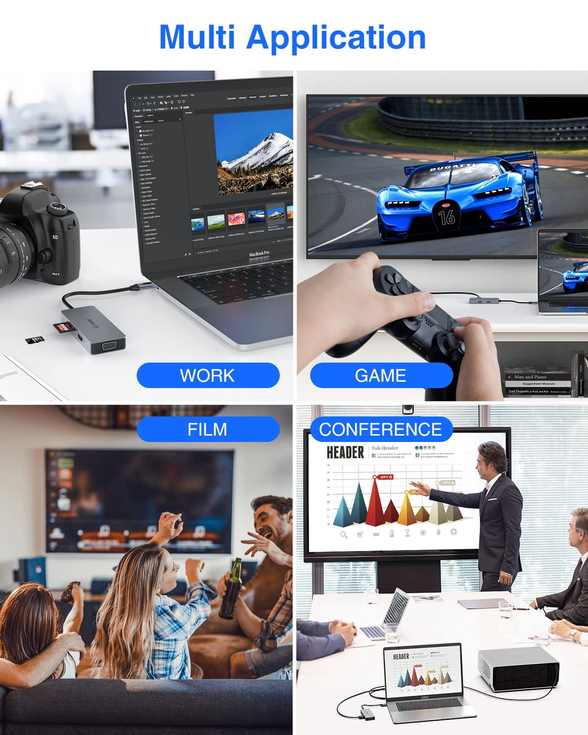 USB C Hub, Docking Station, 6-in-1 Docking Station Type C Hub with 4K HDMI Port, VGA Port, 2 USB 2.0 Ports, SD/TF Card Reader, for Macbook and Other Type C Laptops