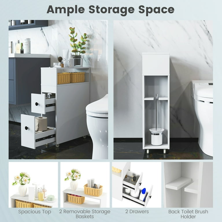 Narrow Bathroom Storage Cabinet On Wheels - Freestanding Toilet Paper Holder With Drawers