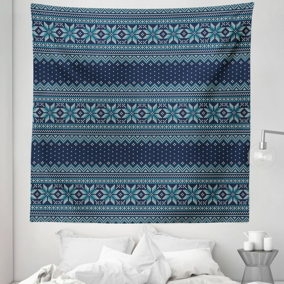 Nordic Tapestry, Simplistic Pattern with Chevron Herringbone Abstract Snowflake Print, Fabric Wall Hanging Decor for Bedroom Living Room Dorm, 5 Sizes, Turquoise and Dark Blue, by Ambesonne