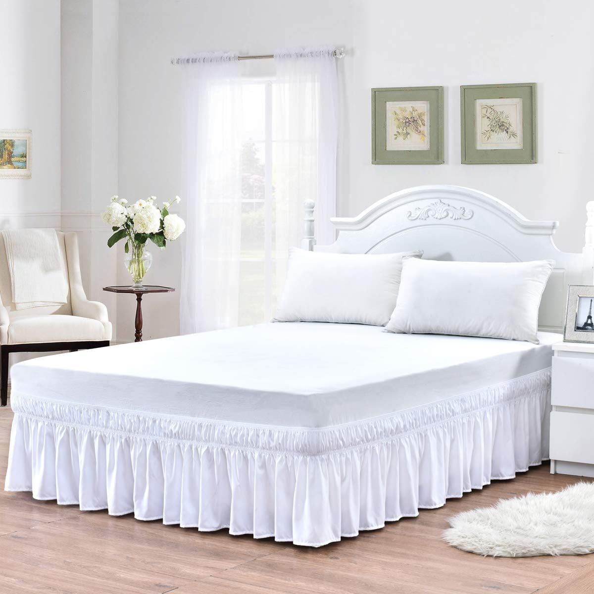 Virego White Wrap Around Bed Skirts with Adjustable Elastic Belt for ...
