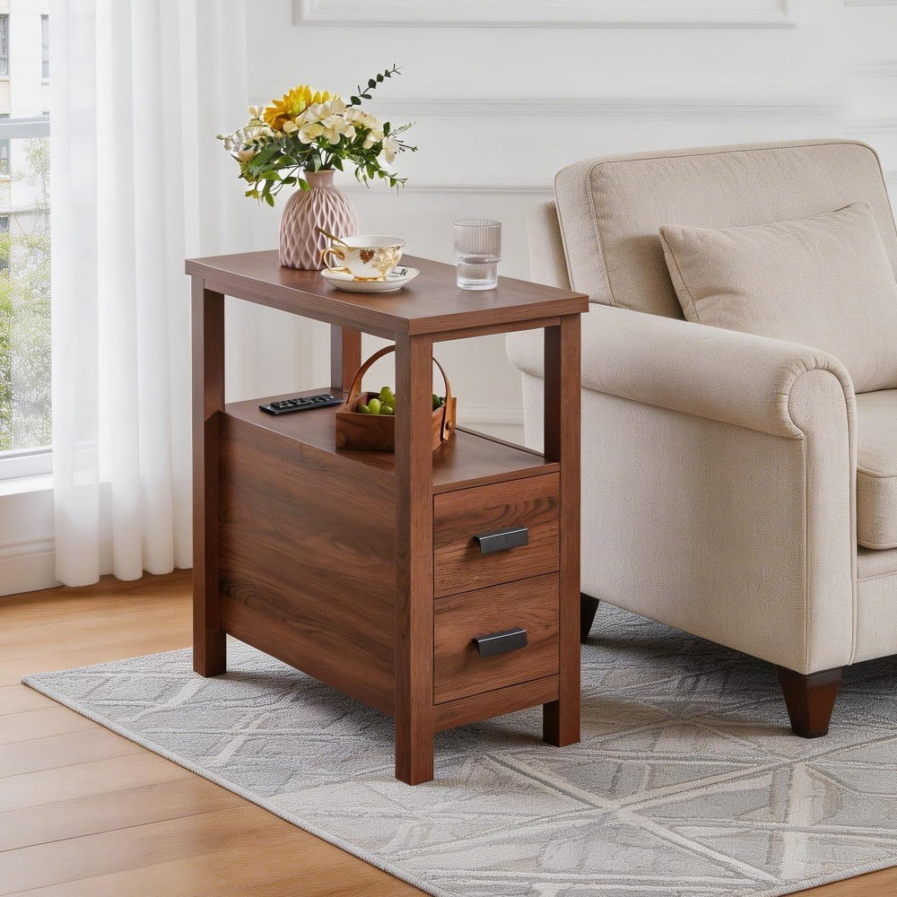 End Table with Charging Station, 2 USB Ports & 2 Outlets, 2-Drawer Nightstand, Small Wood Bedside Table, Rustic Side Table for Bedroom & Office, Walnut