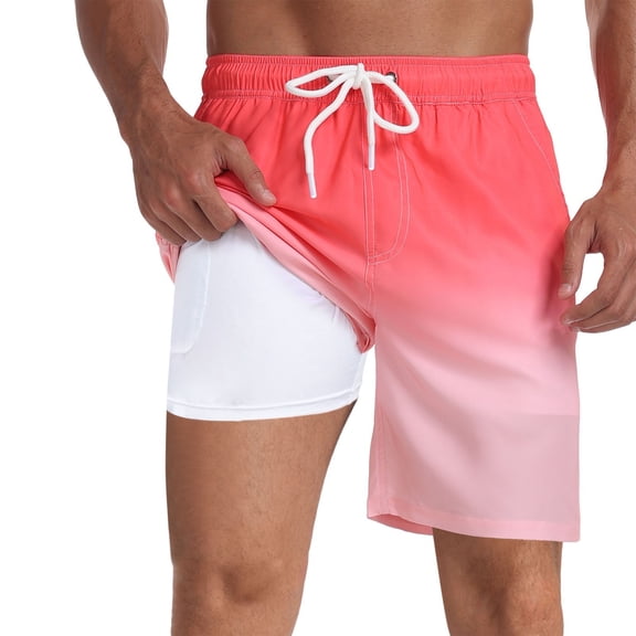 ibiyuan Men Swim Trunks with Compression Liner Quick-Dry Mens Bathing Suits Drawstring Waist Bathing Shorts Zipper Pockets Breathable Printed Beach Pool Vacation Swimwear,b-Hot Pink