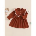 thumbnail image 5 of Elippeo Little Girl Autumn Corduroy Dress Mock Neck Ruffled Long Sleeve Bow Decor A-Line Dress 12 18 24 Months 3 4 5 Years, 5 of 9