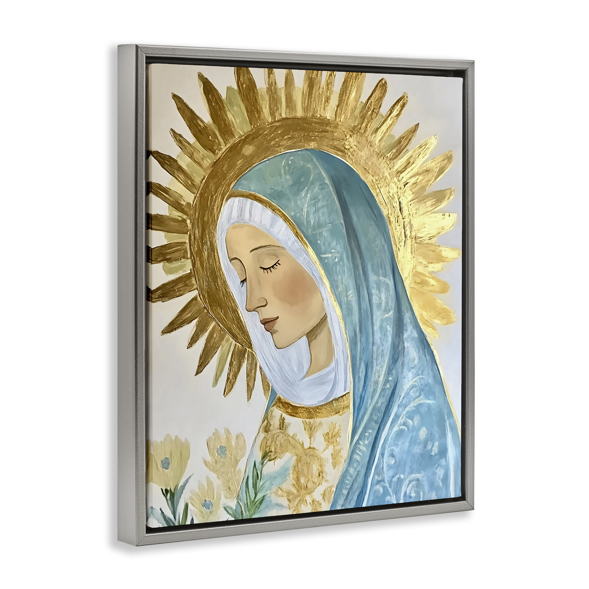 Holy Mary In Gold Gray Framed Floater Canvas Wall Art, design by Franklyn Gregory