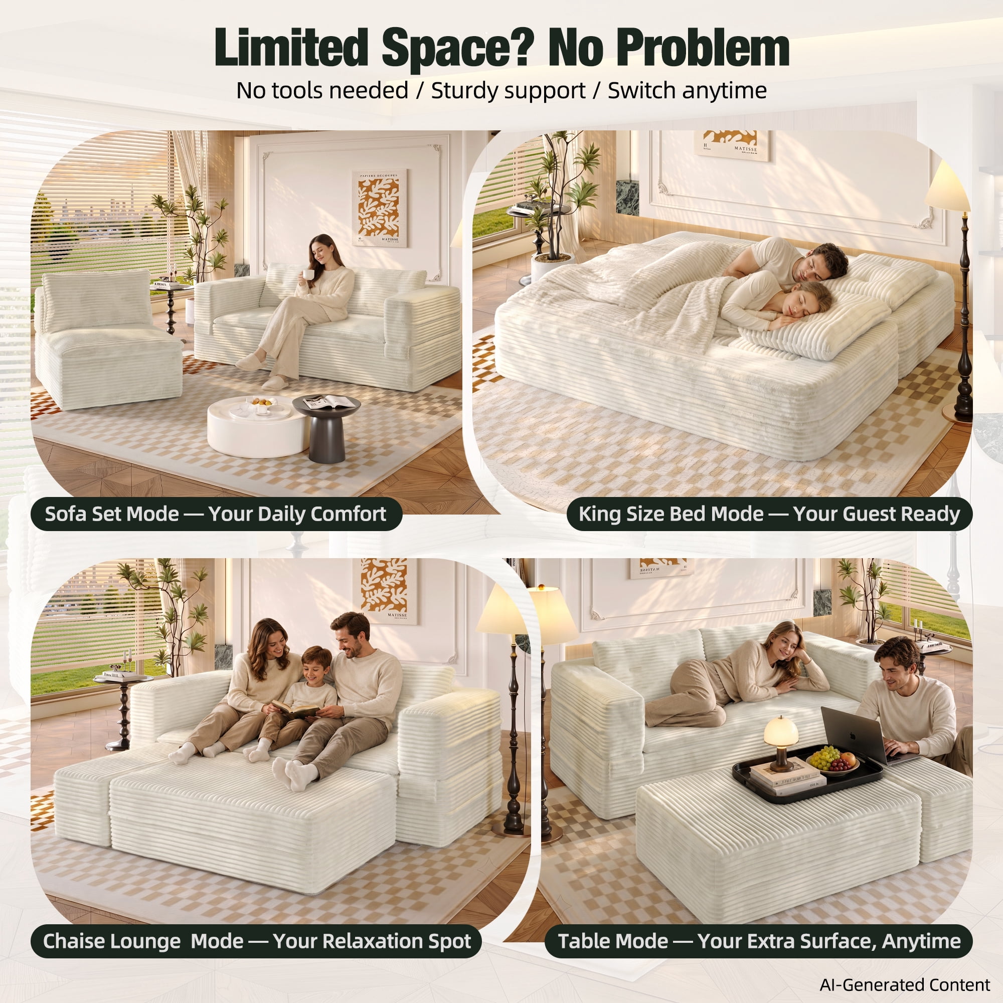HOQBN 80" King Size Sleeper Sofa Bed, Plush Corduroy Deep Seat Sofa Couch with Independent Chaise and Functional Blanket for Living Room, Bedroom Beige+White