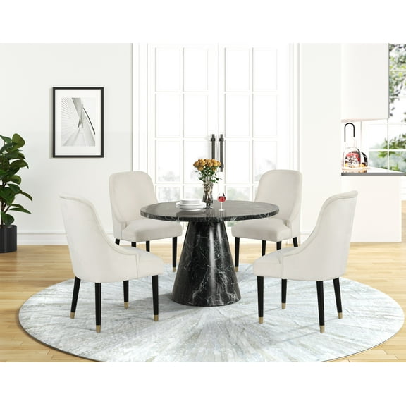 Luxury 5Pc Round Dining Set Black Faux Marble Table Gold Beige Velvet Chairs