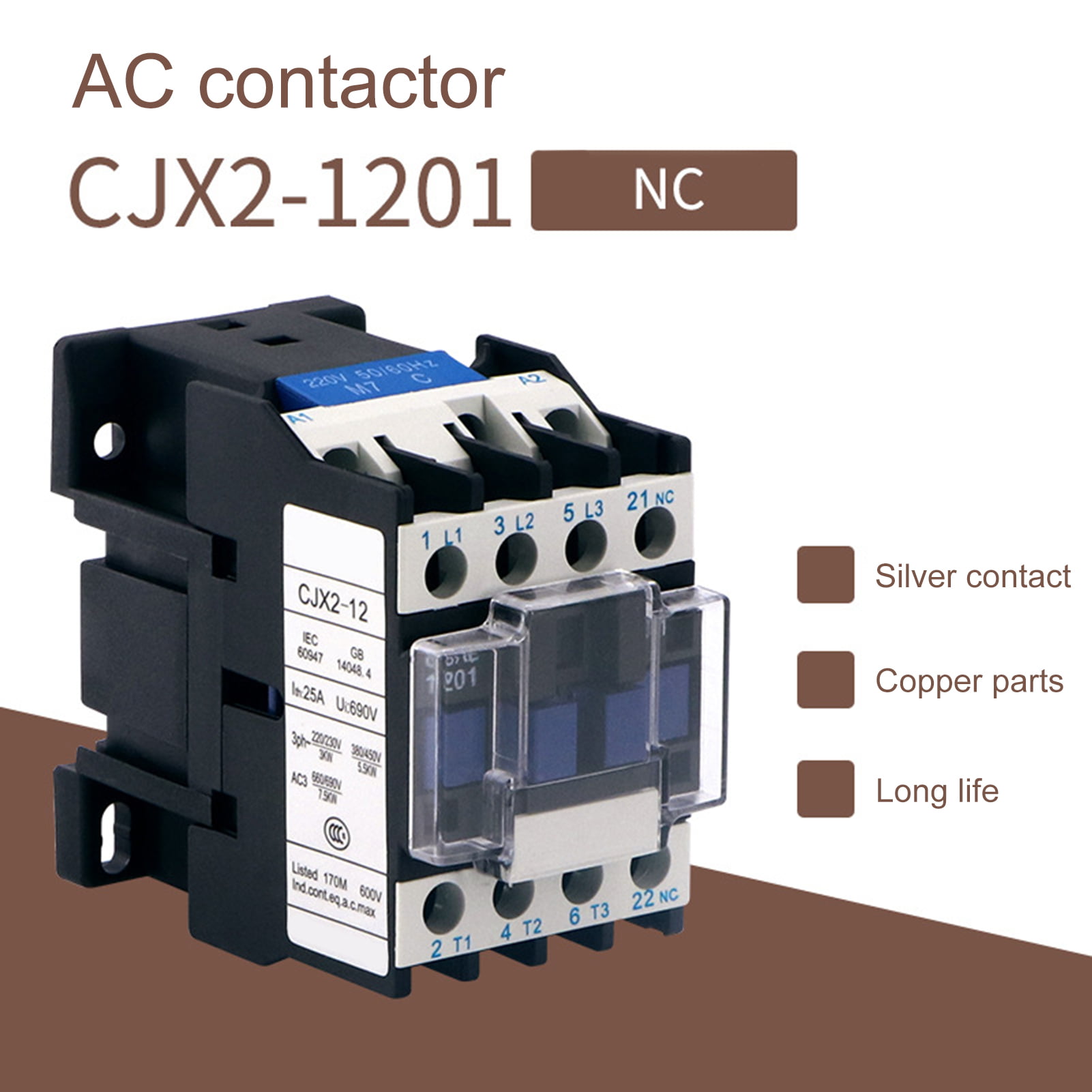 CJX2-1201 AC Contactor 110V 50/60Hz Coil 12A 3-Phase 3-Pole 1NC