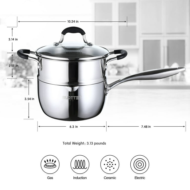 SLOTTET Tri-Ply Whole-Clad Stainless Steel Sauce Pan with Steamer ,1.5  Quart Small Multipurpose Pot with Pour Spout,Strainer Glass Lid, 1Quart  Saucepan for Cooking with Stay-cool Handle 