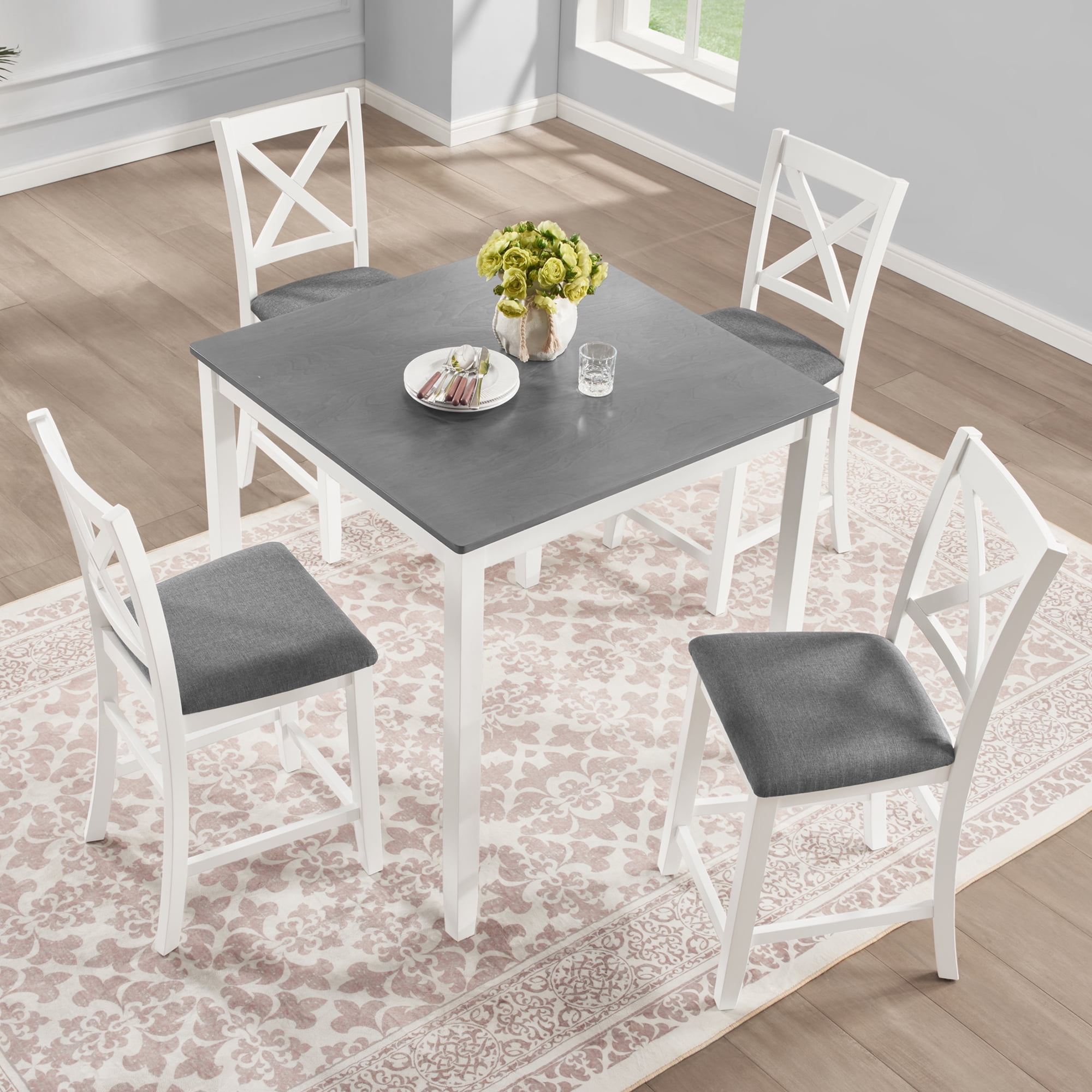 BSHTI 5-Piece Counter Height Dining Table Set – 34.5" Kitchen Square Table with 4 Chairs, X-Back Design, Linen Upholstery 4 Chair Dining Table Set, Solid Wood Frame（Grey+White）