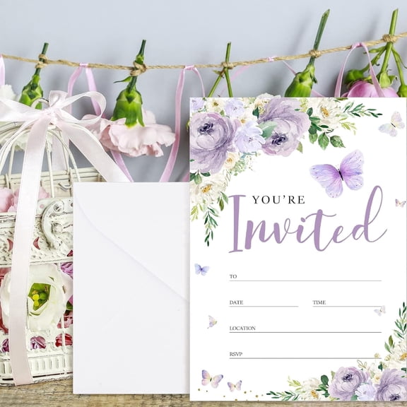 20 Set Butterfly Purple Floral Invitations with Envelopes Stickers 5 x 7 Inch Spring Watercolor Invitation Paper Cards Blank Invites for Girls Baby Shower Wedding Birthday Dinner Party