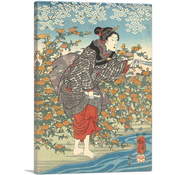 ARTCANVAS De Ide Tama Rivier in de Provincie Yamashiro Canvas Art Print by Utagawa Kuniyoshi - Size: 18" x 12" (0.75" Deep)