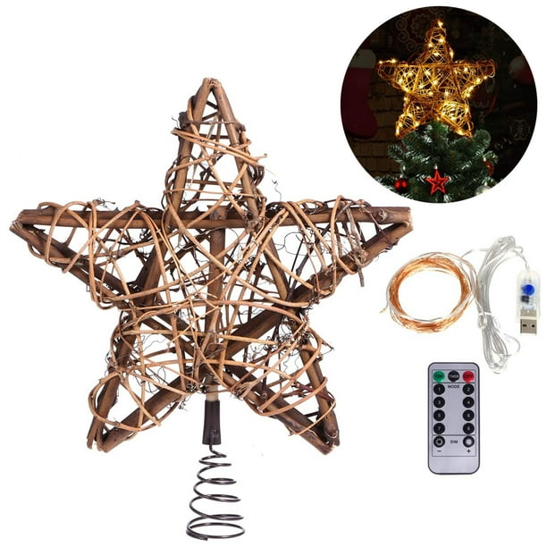 Decoración de árbol de estrellas de Navidad con 30 luces LED de cobre blanco cálido, adornos navideños naturales de ratán vintage para árbol de Navidad, mesa, chimenea Vhermosa WMZL-2226
