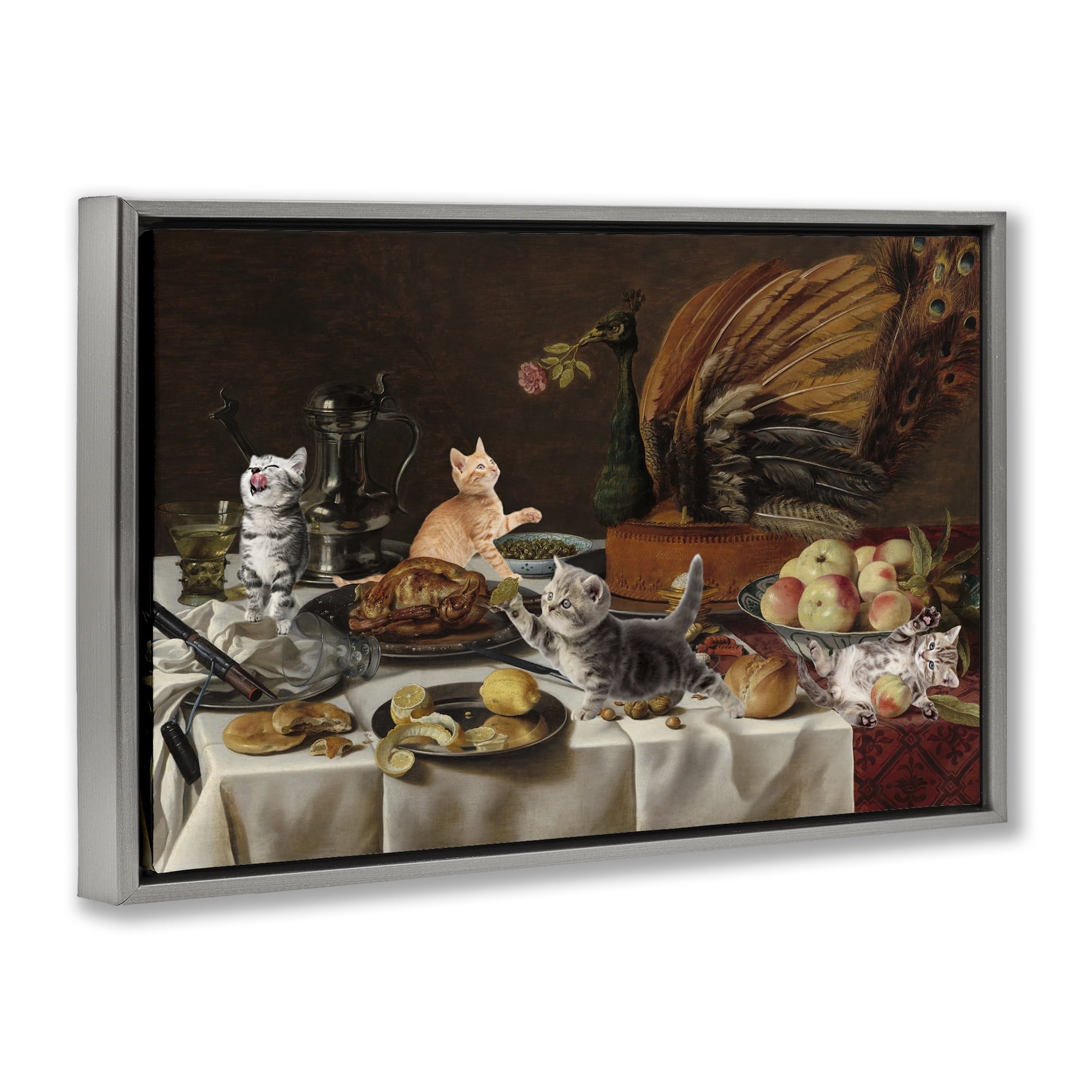 Kittens on Still Life Feast Gray Framed Floater Canvas Wall Art, design by Masters Redux