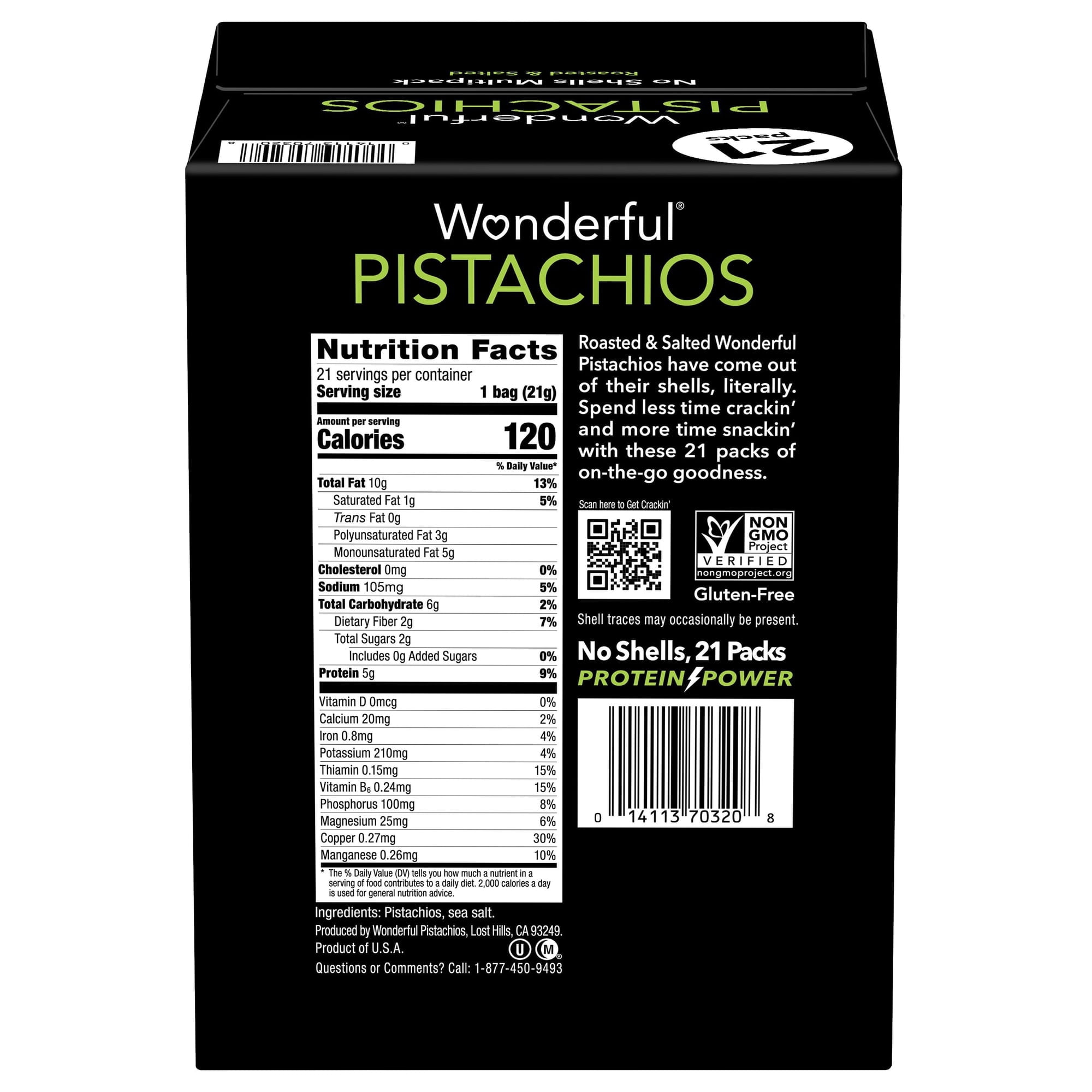 Wonderful Salted & Roasted Pistachios, No Shells, 0.75 oz., 21 pk.