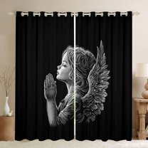 Homewish Happy Christmas Black Out Curtains,Angel Wings Curtains Pack of 2 (42x63 Each),Black Gray Bedroom Curtains For Kids, Luxury Bedroom Decor
