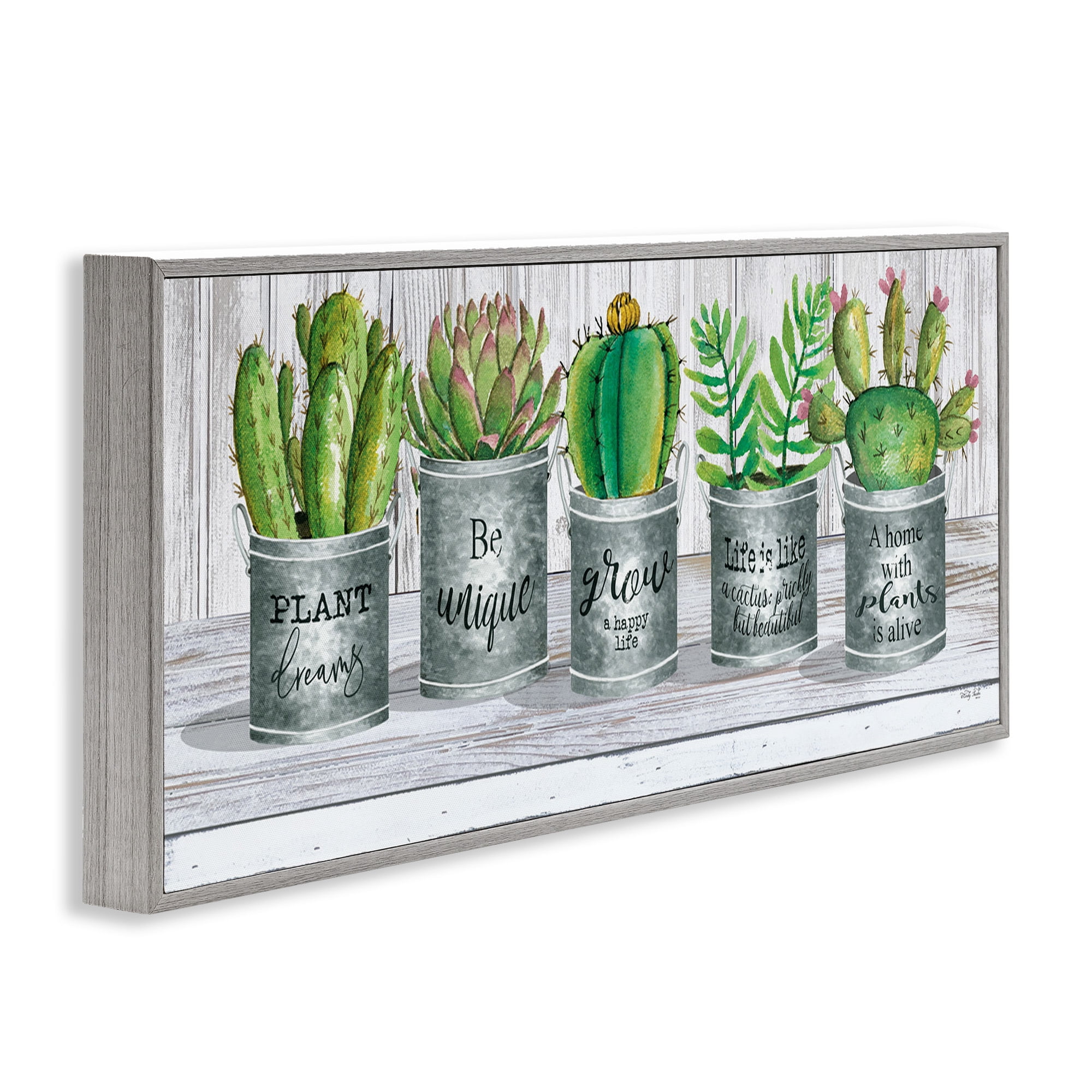 Stupell Industries Succulents with Plant Life Puns Inspirational Painting Gray Framed Art Print Wall Art, 24 x 10