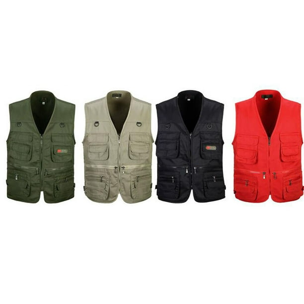 Men's Utility Multi Pocket Zip Hunting Jacket Multi Fishing Travel Hunting Jacket  Multi Pocket Outdoor Jacket Multi Pocket Vest Red XL 