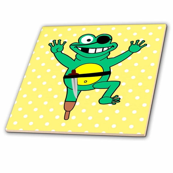 3dRose, Image of Jumping Cartoon Pirate Frog On Yellow Dots, 4 Inch Ceramic Tile