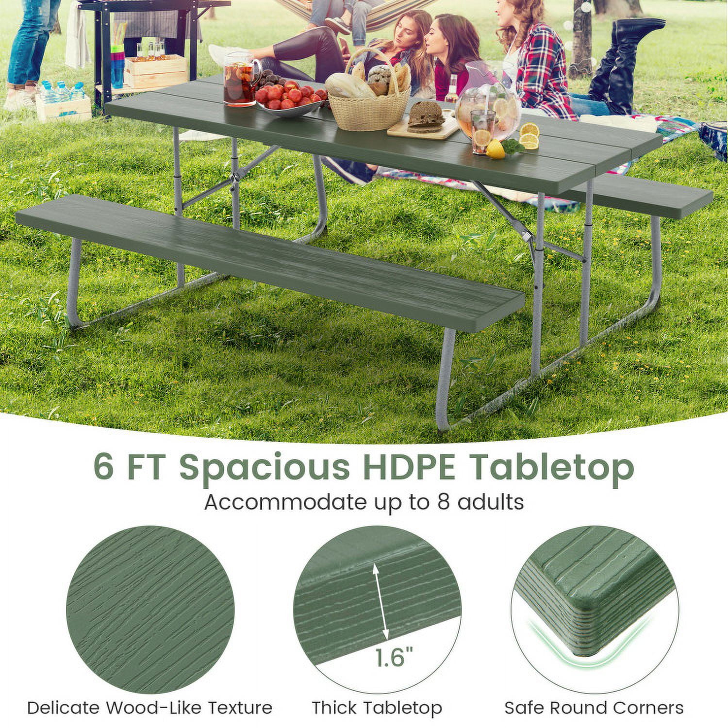 Aimee Lii Folding Picnic Table Set with Metal Frame and All-Weather HDPE Tabletop Umbrella Hole, Outdoor Patio Furniture, Green