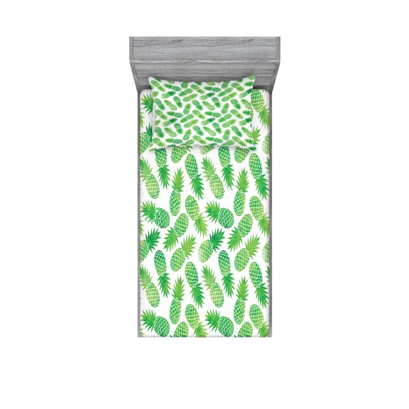 Ambesonne Green Fitted Sheet & Pillow Sham Set, Exotic Pineapple Pattern, Twinxl, Green White