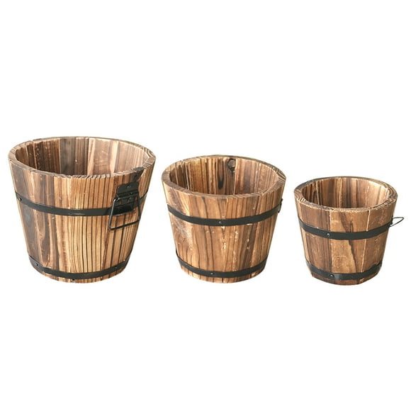 SPRING PARK Rustic Wooden Large Barrel Round Planter Plant Flower Pot Garden Tree