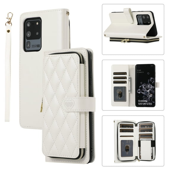 Crossbody Wallet Case for Samsung Galaxy S20 Ultra Chain Lanyard & Wrist Hand Strap Case with Card Slots Zipper Pocket Kickstand, Premium PU Leather Magnetic Clasp Shockproof Flip Cover, White