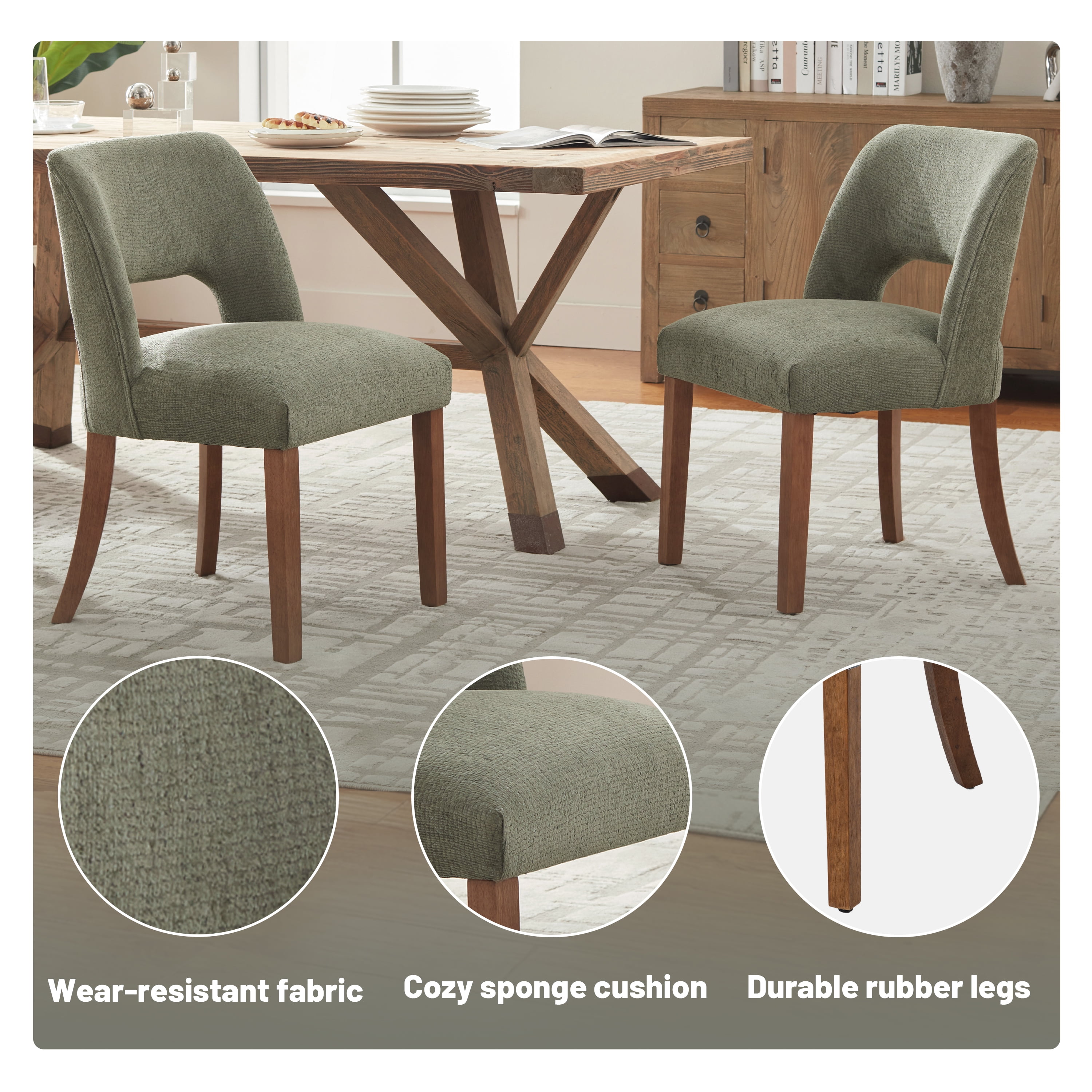 Vknow Furniture Set of 2 Chenille Dining Chairs, Mid-Century Modern Upholstered Kitchen Chairs with Cutout Back & Solid Wood Legs, Green