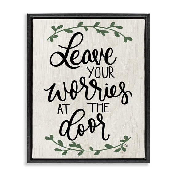 Stupell Industries Worries at Door Family Greeting Typography Painting Black Floater Framed Canvas Art Print Wall Art, 17 x 21
