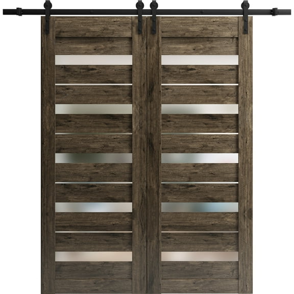 Sturdy Double Barn Door 48 x 80 inches | Quadro 4445 Cognac Oak with Frosted Glass | 13FT Rail Hangers Heavy Set | Solid Panel Interior Doors