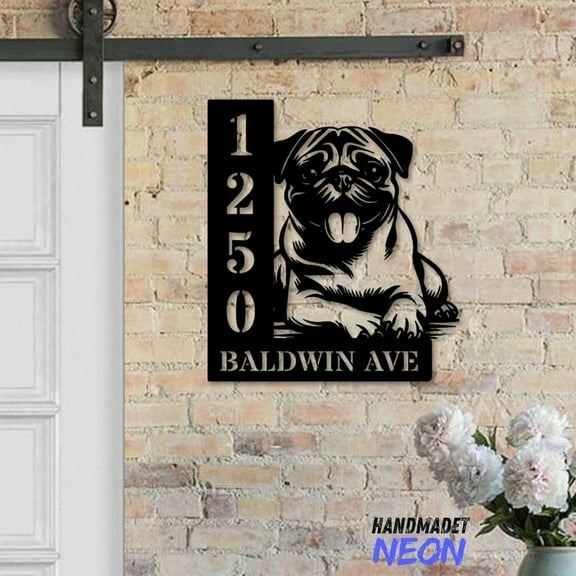 Handmadetneonsign Pug Dog House Number Metal, Pug Dog Home Number Metal Sign, Pug Dog Outdoor Address Wall Decor 80650