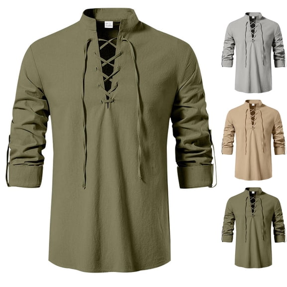 WIZUTIZ Mens Shirts Lace-Up Renaissance Shirt Viking Medieval Long Sleeve Costume Retro Style Tunic Top