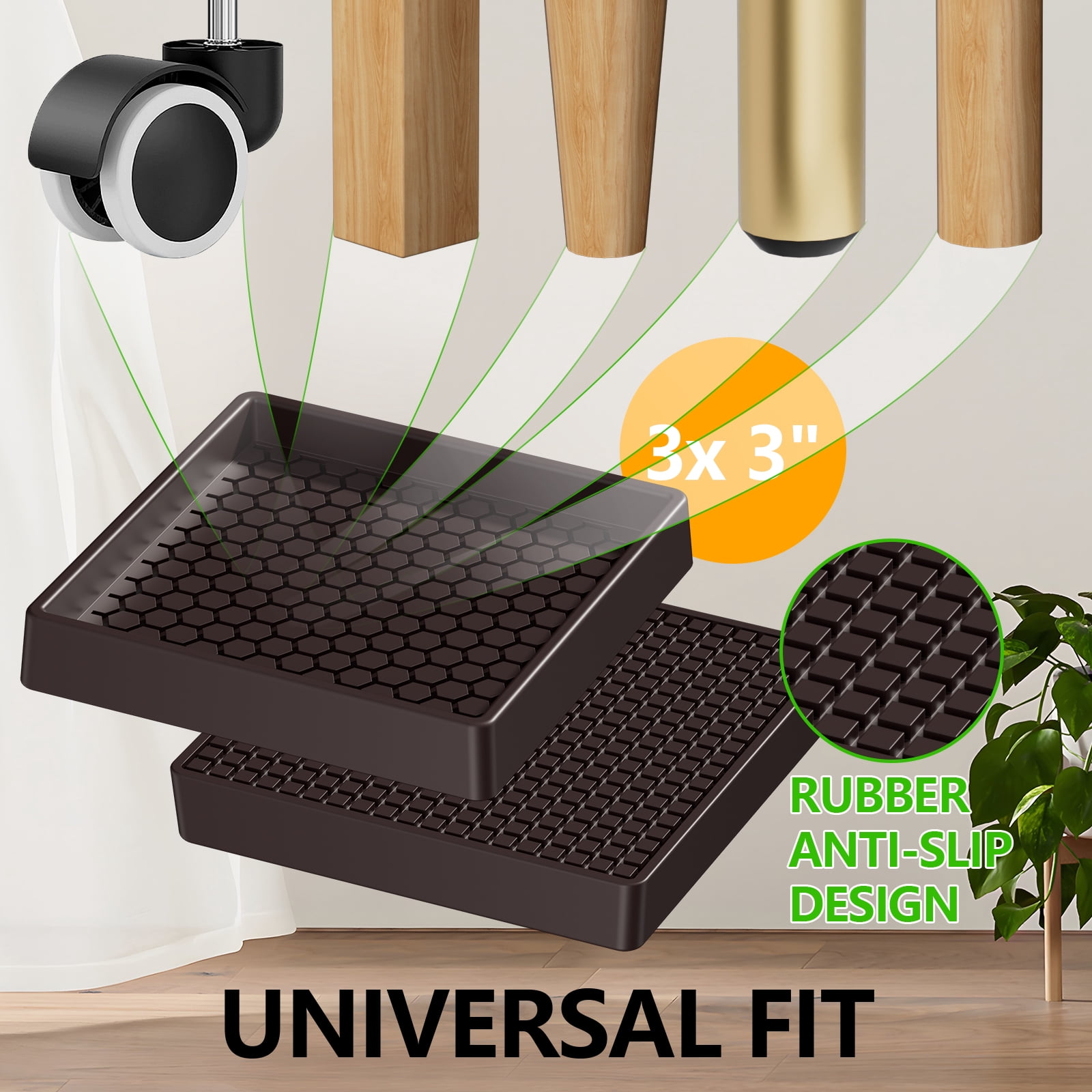 Non Slip Furniture Coasters - 3” Non Skid Furniture Pads for Hardwoods Floors, 12 PCS Square Rubber Furniture Caster Cups, Anti Slide Furniture Feet Floor Protectors for Bed Couch Stoppers (Brown)