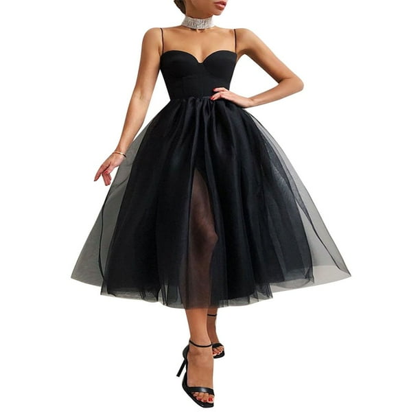 Summer Cocktail Dress Spaghetti Straps Spliced Mesh Dresses Solid Color  Party Dress Elegant - Walmart.ca