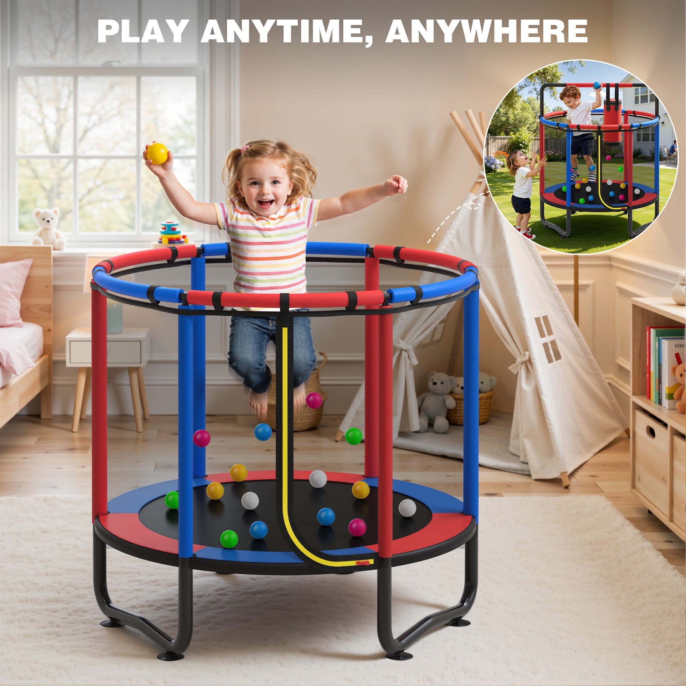 55" Toddler Trampoline, Activity Center with Gym Bar, Punching Bag, Rings, Ball Pit, Kids Trampoline, Indoor Toddler Play Gym, Mini Trampoline for Ages 3–6, 110lbs Weight Capacity, Blue