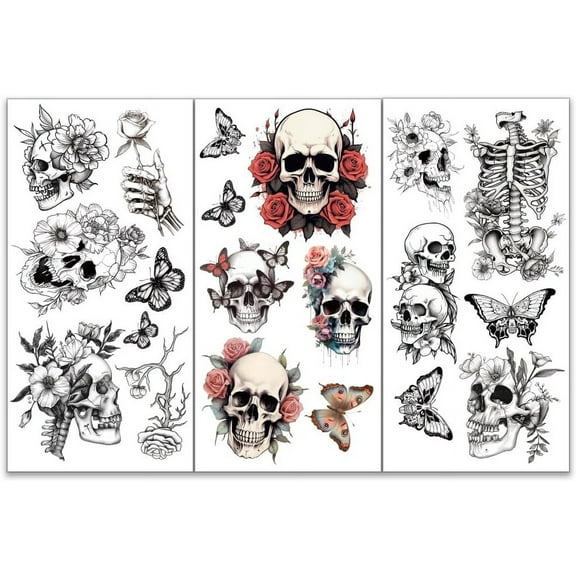 3pcs/Set Skeleton Flower Rub on Transfers for Furniture and Crafts 6x12 inch Butterfly Rose Decor Transfer Stickers Halloween Skull Rub on Decals for Wood Furniture Scrapbooking Home Decor