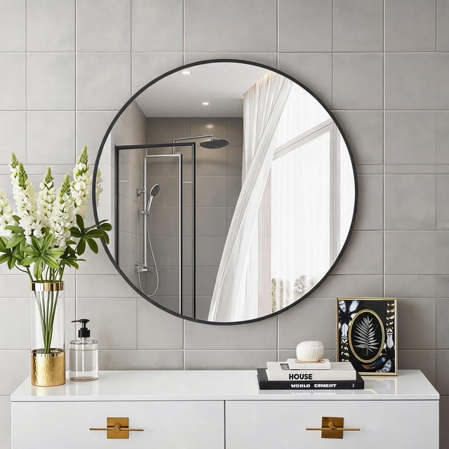 CazToi Espejo de Baño Redondo de 18 Pulgadas, Espejo Circular de Pared con Marco de Aleación de Aluminio, Espejo de Tocador Moderno