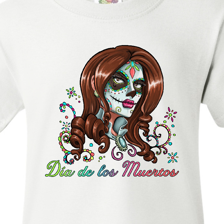 Inktastic Día de los Muertos Woman in Sugar Skull Makeup Youth T-Shirt - image 3 of 4