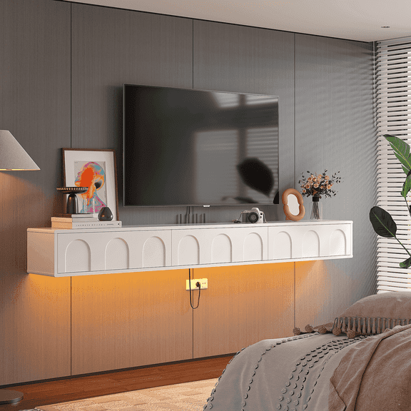 FloatiCasa 78-inch Fully Assembled Floating TV Stand for TVs up to 78" Modern Minimalist White Matte Wall-mounted TV Cabinet with Arch Design