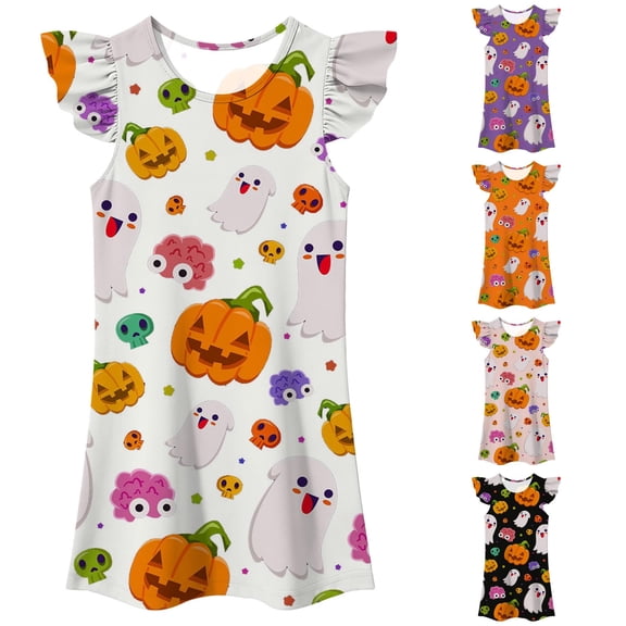 HNMKIU Halloween for Girls Flutter Sleeve Nightgown Summer Casual Cartoon Digital Print Dress White - 6-7 Years
