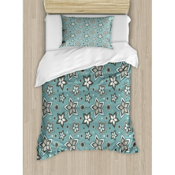 Ambesonne Flower Duvet Cover Set, Botany Motif Bouquet, Twin, Pale Grey Turquoise