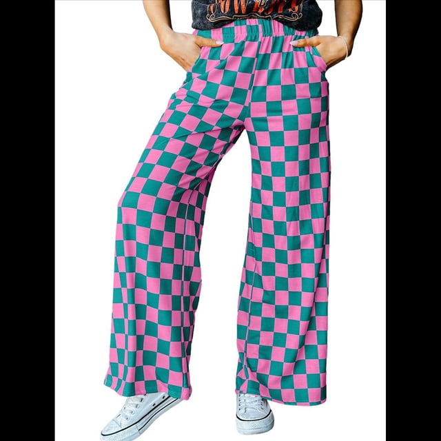 Pantalones Casuales A Cuadros para Mujer, Cintura Elástica, Cómodos, Holgados, de Pierna y con Bolsillos Cuadros Rosa y Verde M