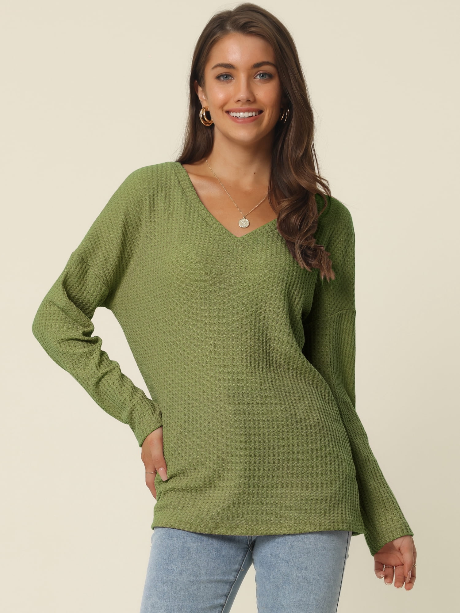 Women's Waffle Knit V Neck Long Sleeve Casual Blouse Lightweight Top M Army Green