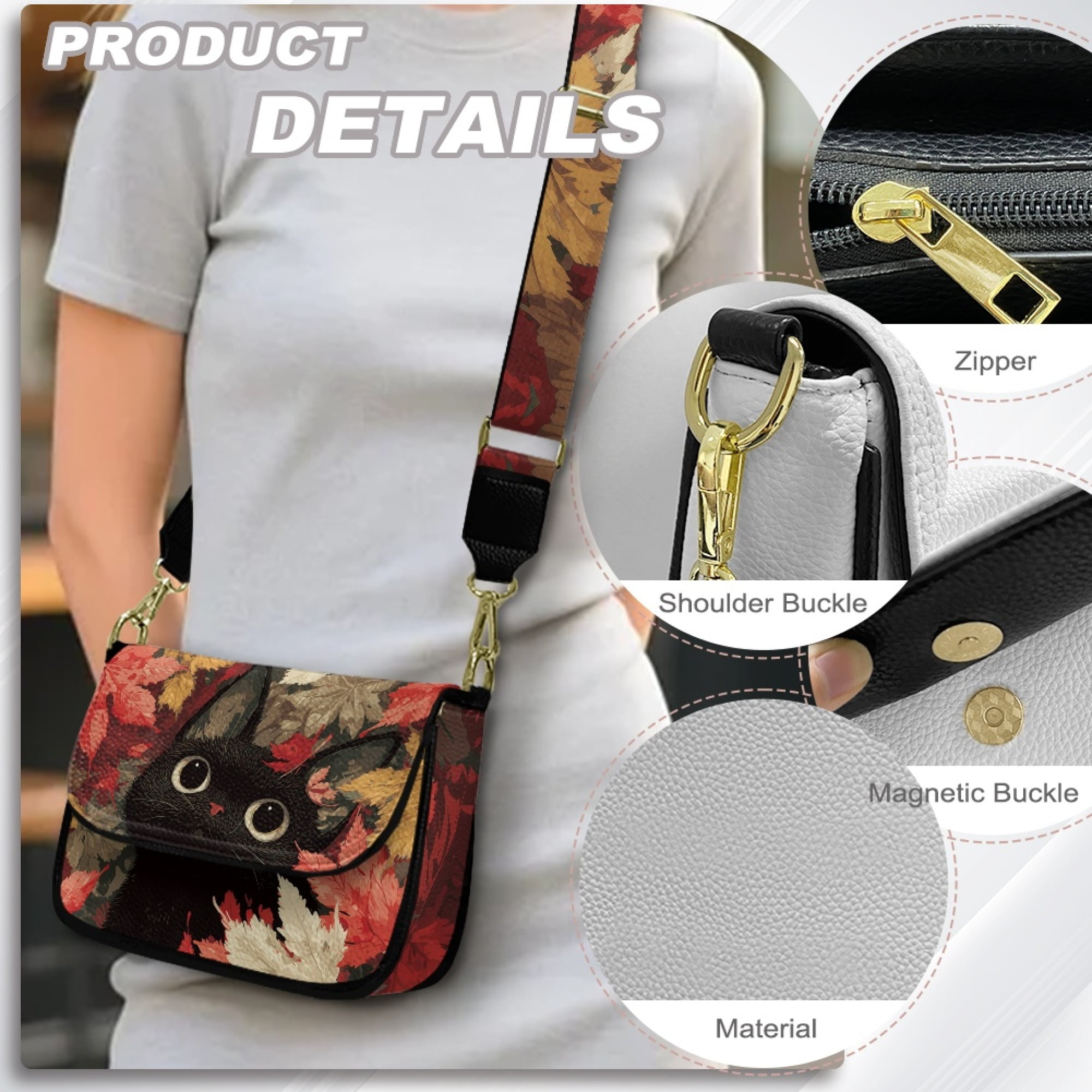 TSOVTHRID Black Cat Maple Leaf Print Small Crossbody Bag, Trendy PU Leather Crossbody Purse with Adjustable Strap, Women's Shoulder Handbag