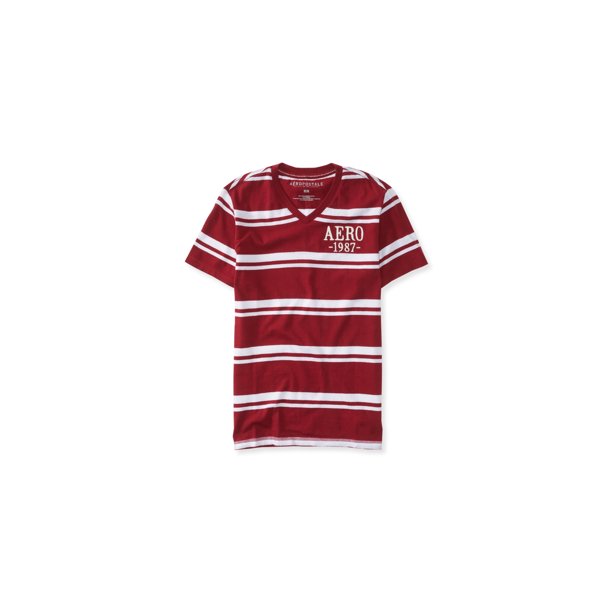 Aeropostale Playera Adornada con Cuello en V a Rayas para Hombre, Rojo, X-Large
